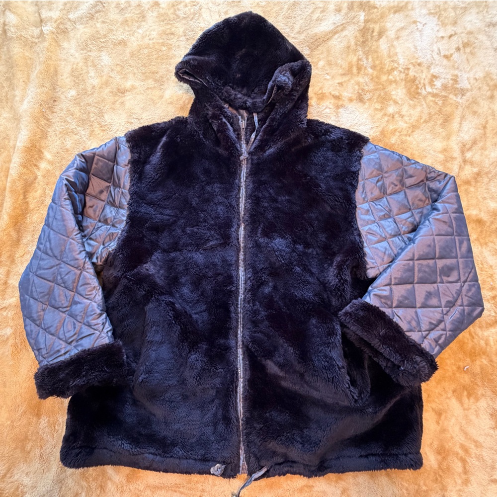 Vintage Women's Brown Faux Fur and olive green reversible Jacket